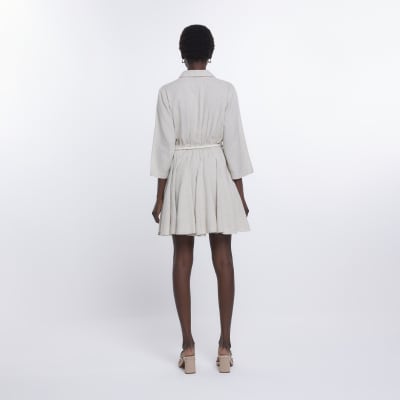 Stone belted linen mini shirt dress