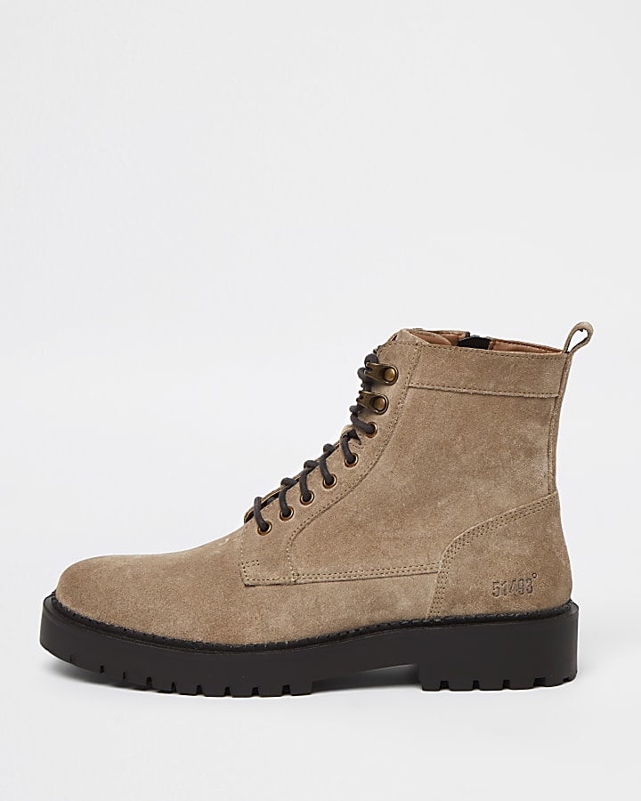 Stone chunky suede lace up military boots