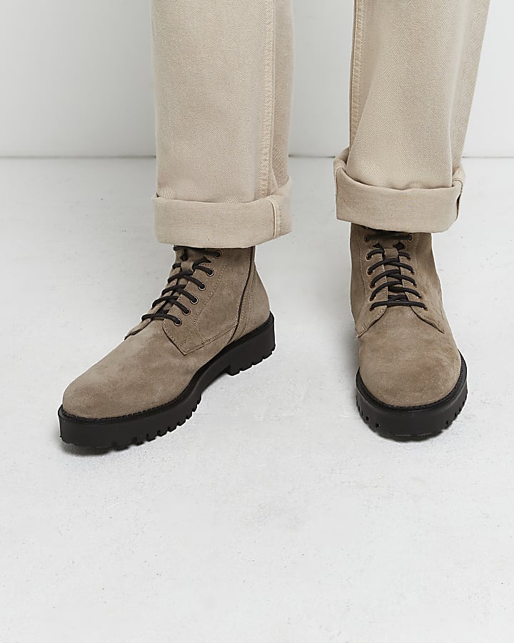 Stone chunky suede lace up military boots