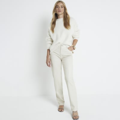 Stone Belted Straight Leg Faux Leather Trousers