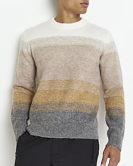 Stone Fluffy knit colour block jumper