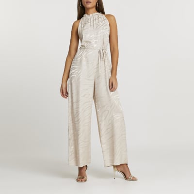 jumpsuit halter jacquard stone riverisland