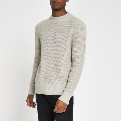 Stone knitted waffle slim fit jumper | River Island