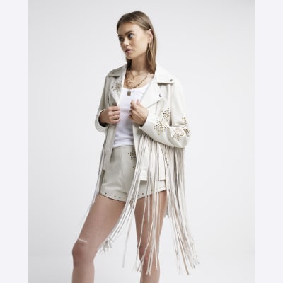 Stone leather studded fringe biker jacket River Island
