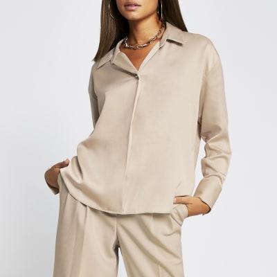 Stone long sleeve collar shirt | River Island