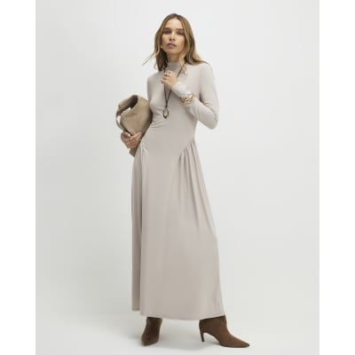 Stone Long Sleeve Gathered Waist Maxi Dress