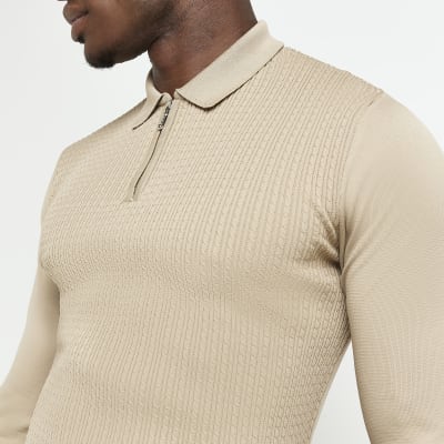 Stone Muscle fit Cable knit Polo shirt | River Island