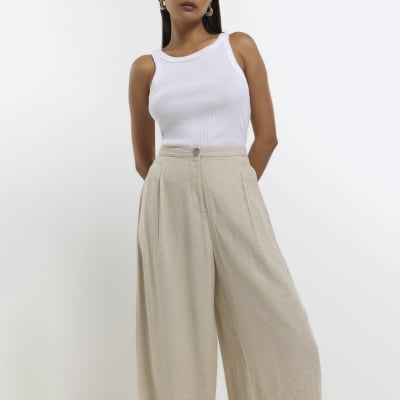 Stone Pleated Wide Leg Trousers With Linen River Island