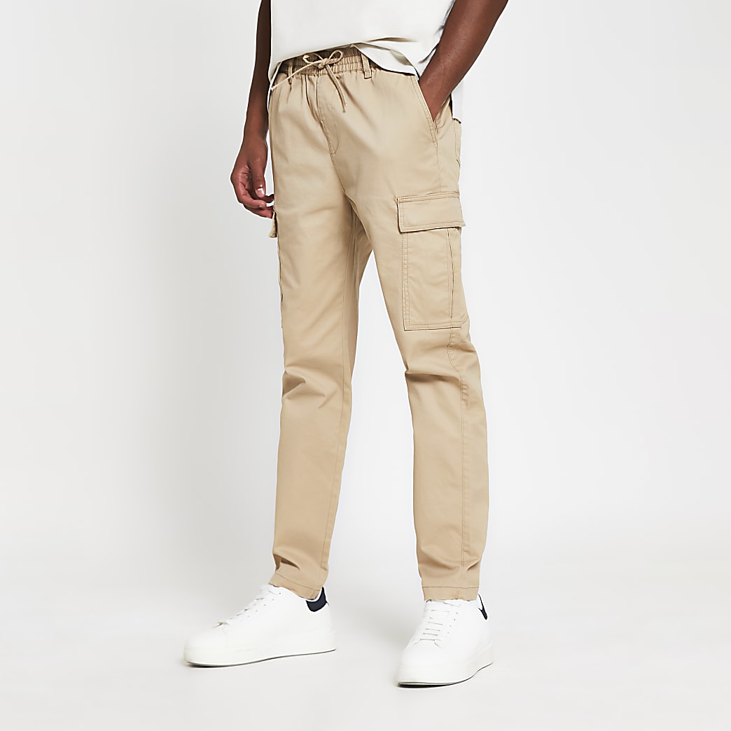 Stone pull on twill skinny fit cargo trousers | River Island