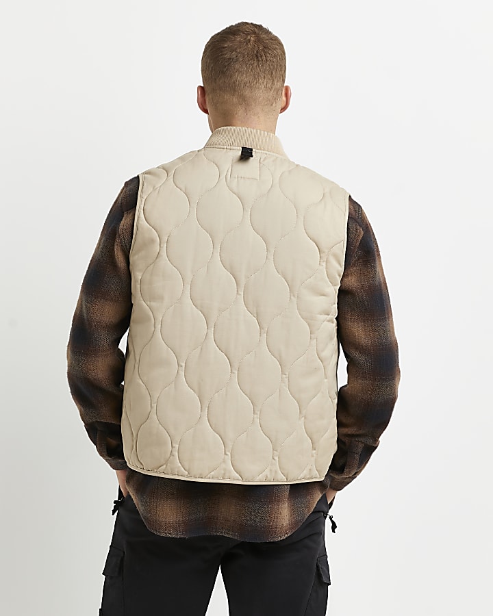 Stone quilted zip pocket gilet