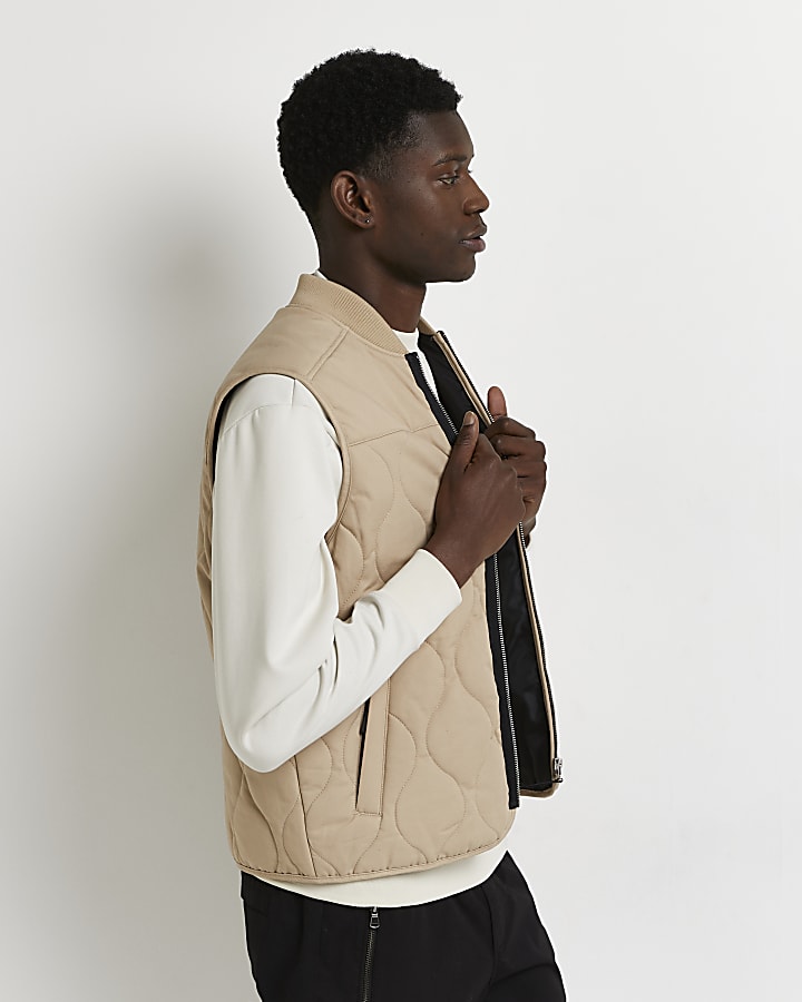 Stone quilted zip through gilet