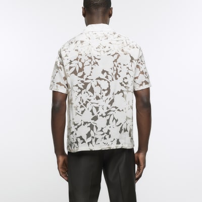 Stone regular fit burnout leaf print shirt
