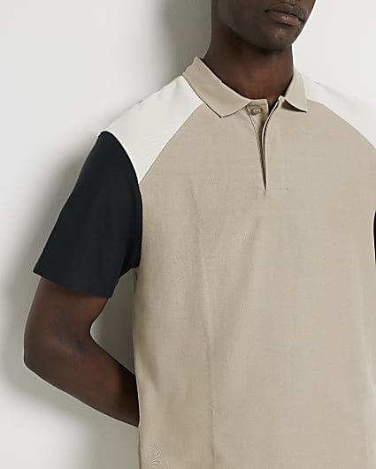Stone Regular fit colour block polo shirt
