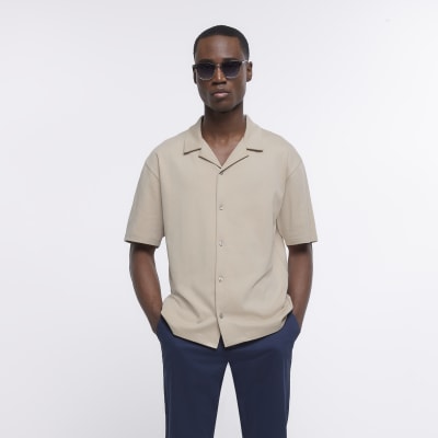 Stone regular fit jersey revere shirt River Island