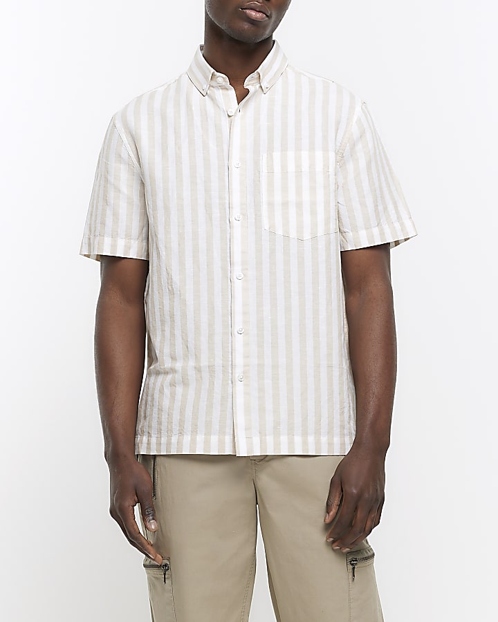 Stone regular fit linen blend striped shirt