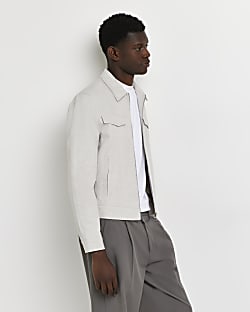 Stone regular fit linen blend western jacket