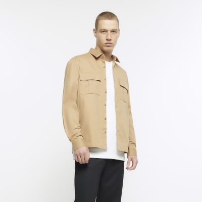 Stone regular fit long utility overshirt | River Island