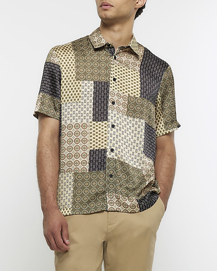 Stone regular fit patchwork shirt