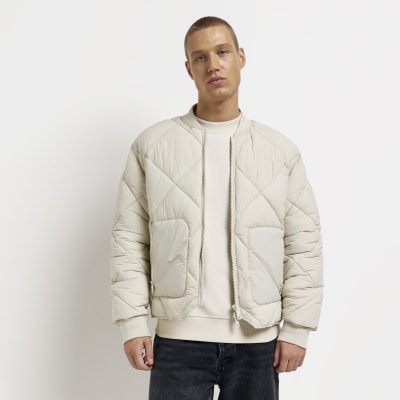 Stone regular fit quilted bomber jacket | River Island