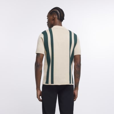 Stone Regular Fit Striped Knitted Polo Shirt River Island 1075