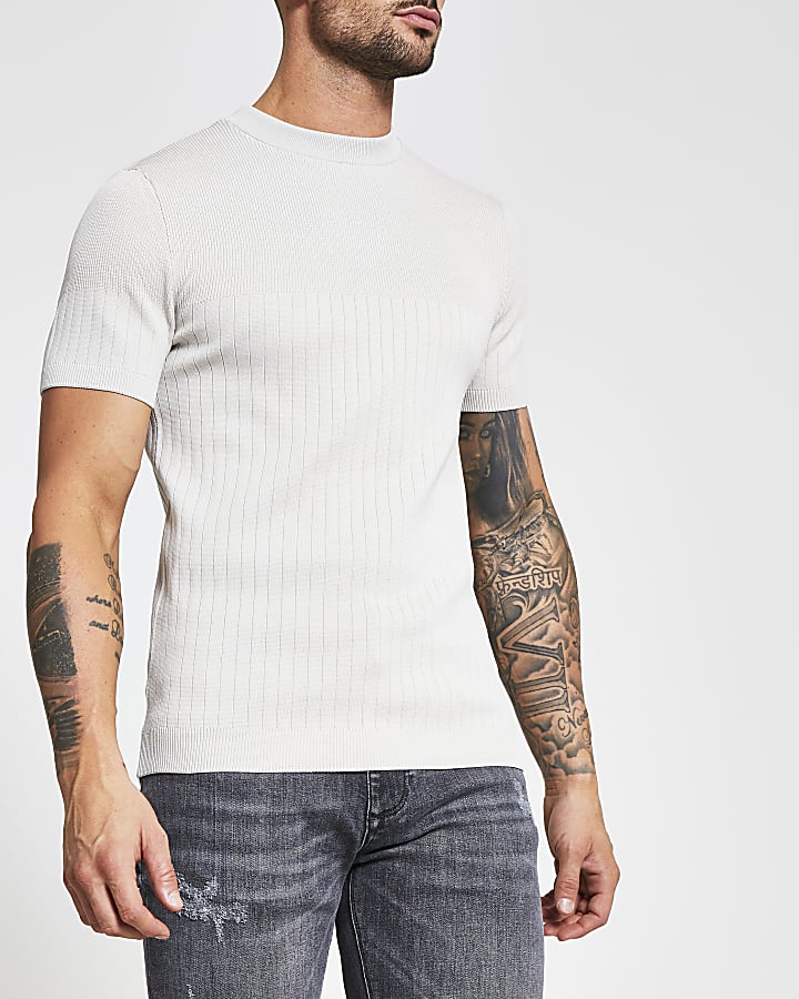 Stone ribbed muscle fit knitted t-shirt