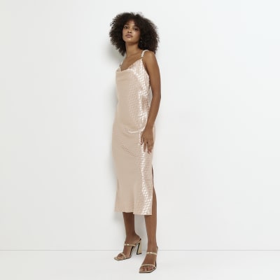 Stone satin slip midi dress