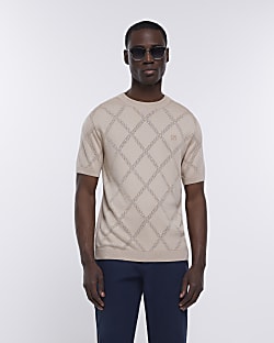 Stone slim fit argyle knitted t-shirt