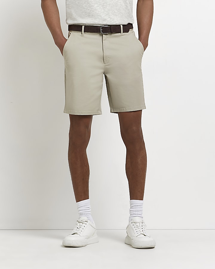 Stone slim fit belted chino shorts