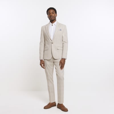 Stone slim fit check suit jacket