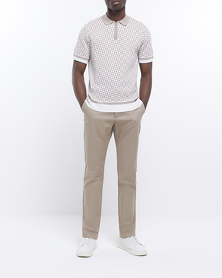 Stone slim fit geometric knitted polo shirt