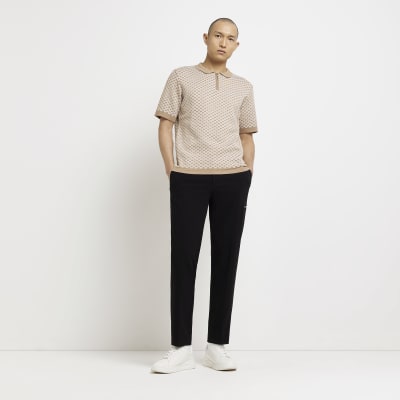 Stone slim fit knit zip up polo shirt