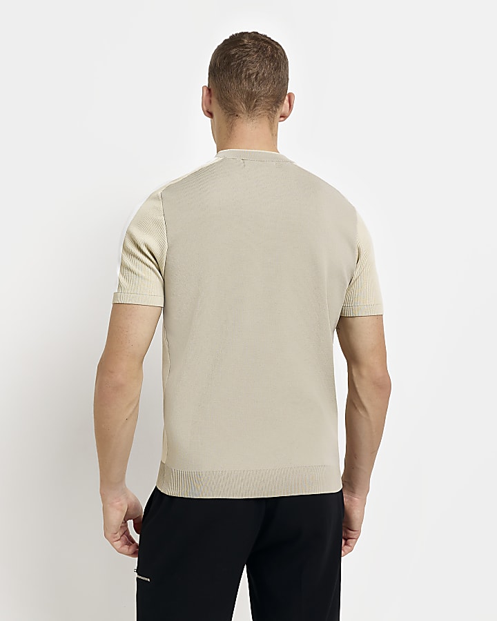 Stone Slim fit knitted colour block t-shirt