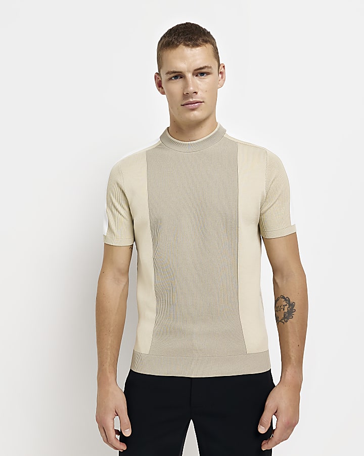 Stone Slim fit knitted colour block t-shirt