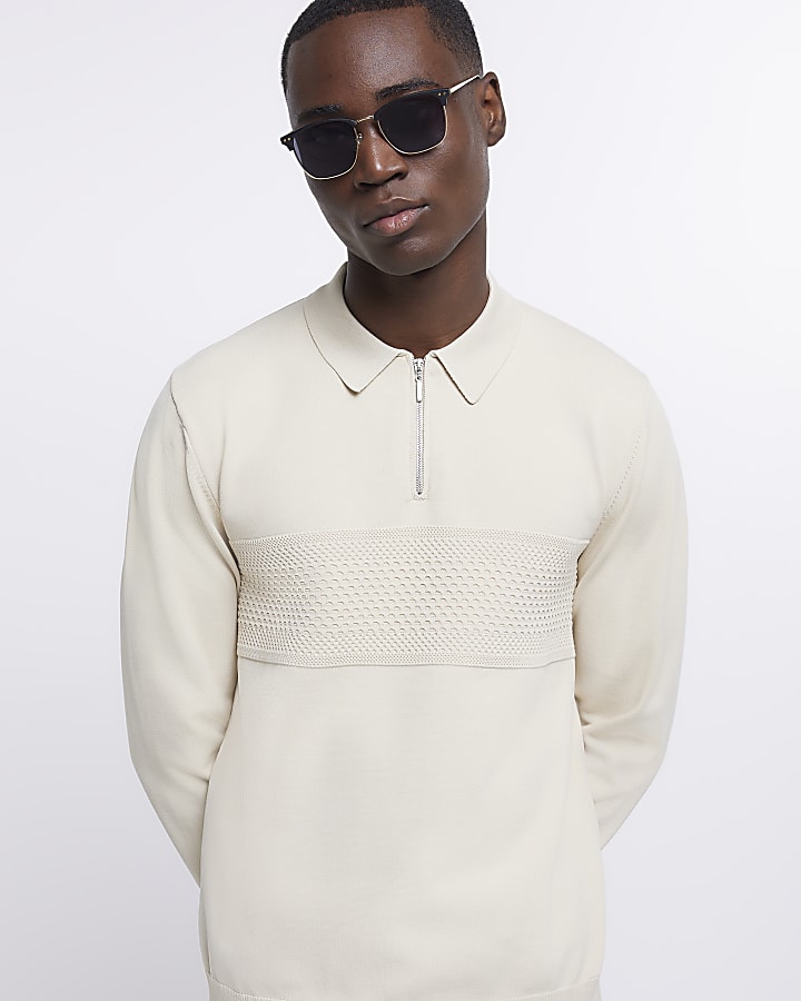 Stone slim fit knitted long sleeve polo shirt