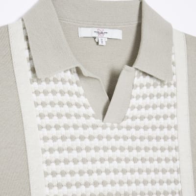 Stone slim fit knitted open collar polo | River Island