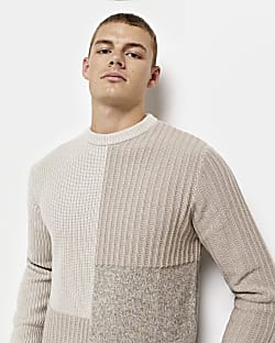 Stone slim fit patchwork jumper