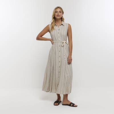 Stone stripe midi shirt dress with linen