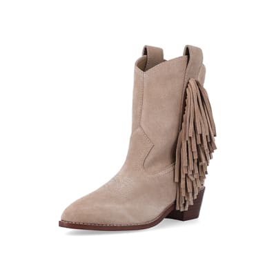 360 degree animation of product Stone suede fringe detail western boots frame-0
