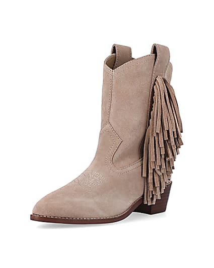 360 degree animation of product Stone suede fringe detail western boots frame-0