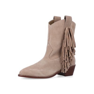 360 degree animation of product Stone suede fringe detail western boots frame-1