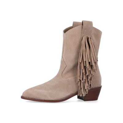 360 degree animation of product Stone suede fringe detail western boots frame-2