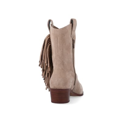 360 degree animation of product Stone suede fringe detail western boots frame-10