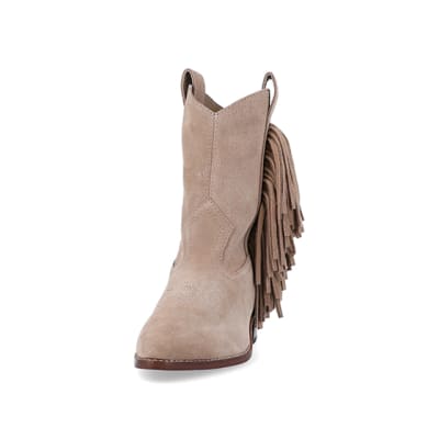360 degree animation of product Stone suede fringe detail western boots frame-22