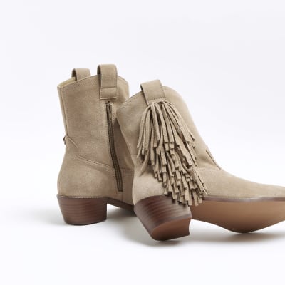 Stone suede fringe detail western boots | River Island
