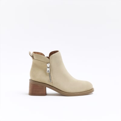 Stone suede heeled ankle boots | River Island