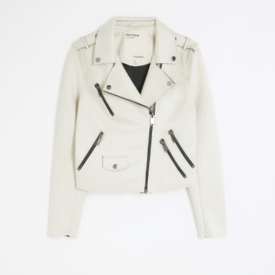 Stone suedette crop biker jacket River Island