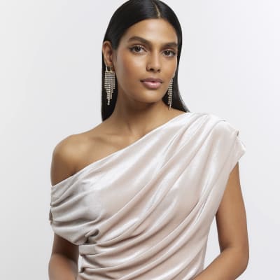 Stone velvet drape asymmetric top River Island