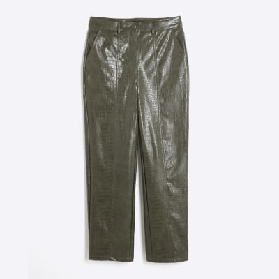 Straight Faux Leather Green Croc Trousers River Island