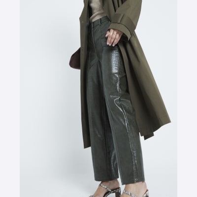 Straight Faux Leather Green Croc Trousers River Island