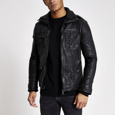 Superdry black leather jacket | River Island